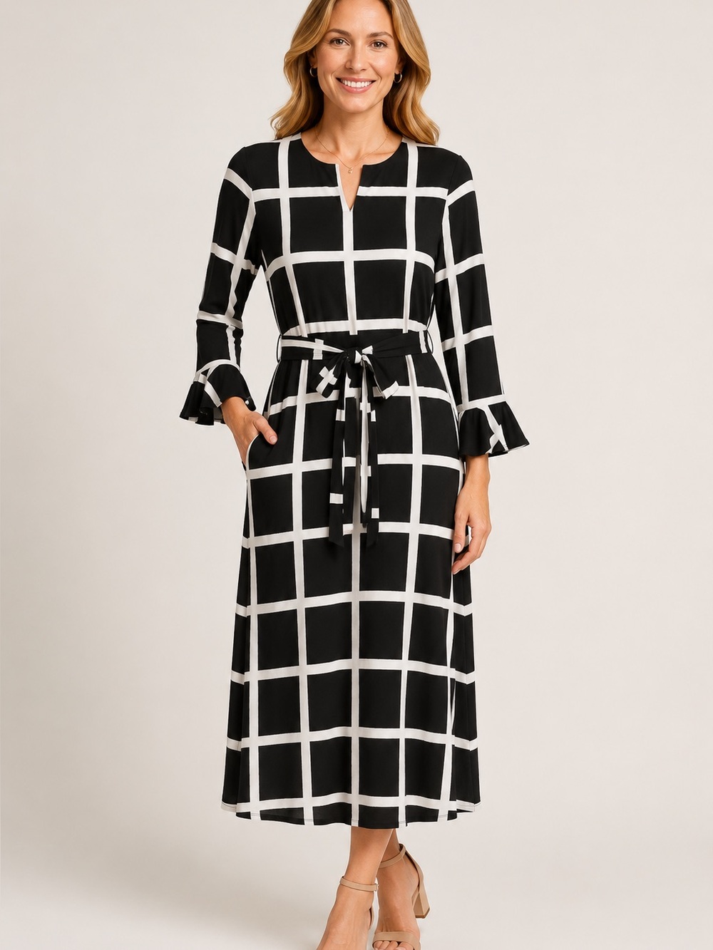 Urban Modesty Black White Windowpane Midi Dress‎ Tie Waist Bell Sleeve NWT
